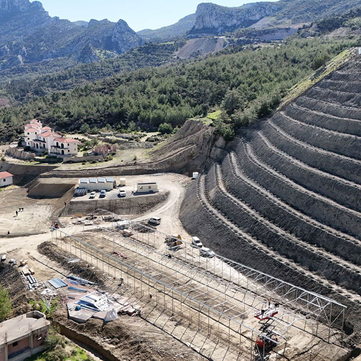 Greenhouse structural frames under construction at the Cyprus facility